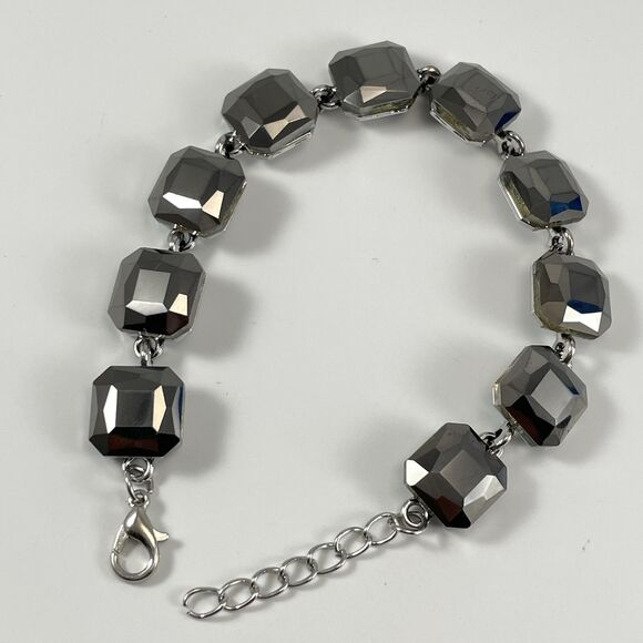 Silver Tone Smoke Dark Gray Glass Rhinestone Chain Tennis Bracelet Bling Boho - Picture 3 of 7